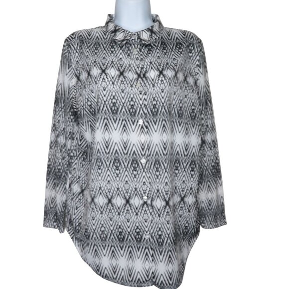 H&M Womens XS Black White Geometric Print Button-Up Blouse Long Sleeve - Picture 2 of 10